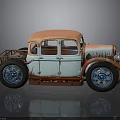 Vintage Custom Rusty Car with Orange Roof Light Blue Body Blue Wheels and Reflection
