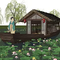 Traditional Wooden Boat With Thatched Roof And Red Lanterns On Lotus Covered Water