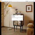 Stylish Entryway Console Cabinet With Decorative Statue Books Painted Glass Doors Near Floor Lamp