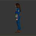 Woman In Blue Jumpsuit With 111 Logo Yellow Belt And Green Arm Device
