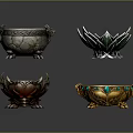 Intricate Metal Sculpture Carvings Of Decorative Bowls With Lotus Design And Gemstones