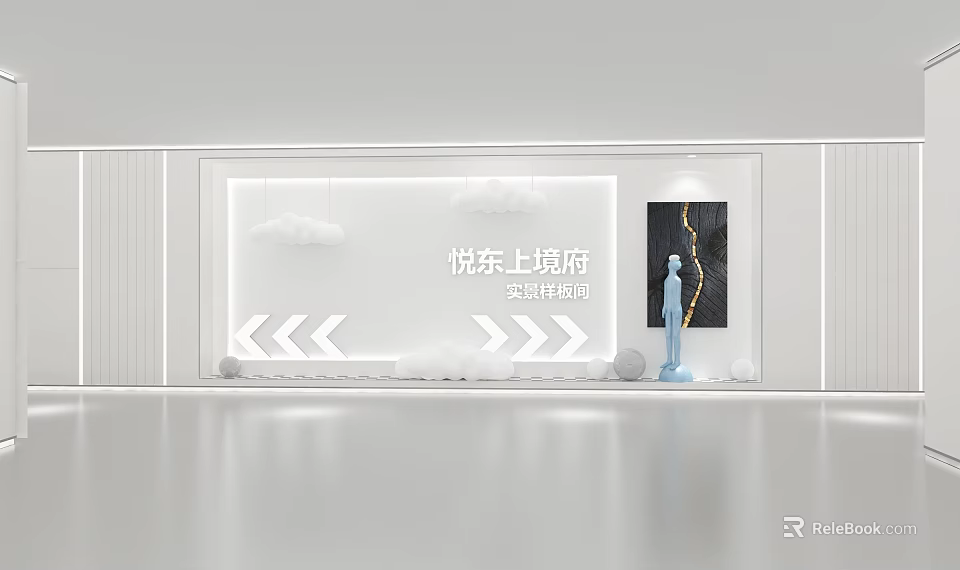 Modern Sales Center Interior With White Walls Cloud Decor Arrow Elements And Sculpture 3d model 