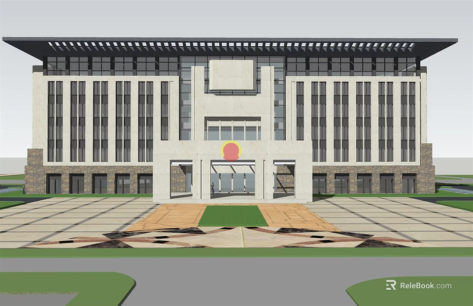 Modern Symmetric Office Building Facade With Large Windows Entrance Logo Plaza And Lawn 3d model 