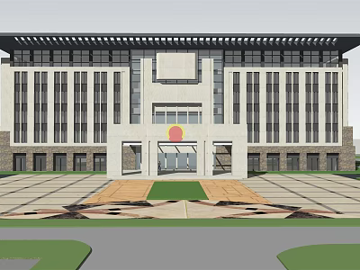 Modern Symmetric Office Building Facade With Large Windows Entrance Logo Plaza And Lawn 3d model