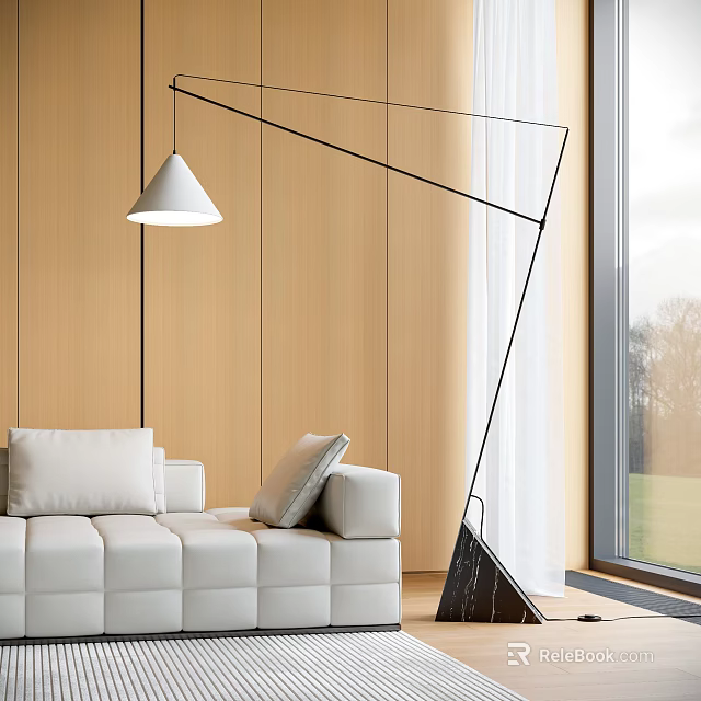 Modern Floor Lamp with White Sofa Wooden Wall and Large Window Outdoor View 3d model