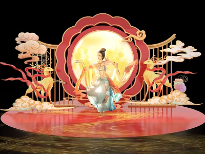 Traditional Chinese Stage With Dancer In Costume Circular Moon Cloud Patterns And Golden Deer 3d model
