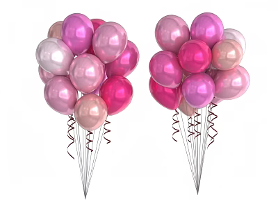 Two Clusters of Pink Rose Gold and Purple Balloons with Spiral Ribbons 3d model