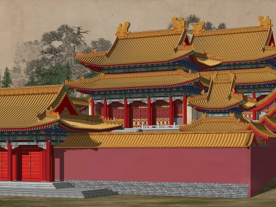 Ancient Chinese Architecture With Golden Roofs Red Walls And Ornate Multi Layered Eaves 3d model