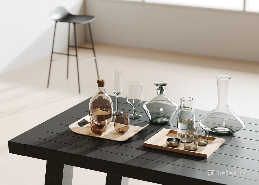 Wine Bottles And Glassware Arranged On Trays Over Modern Dining Table 3d model 