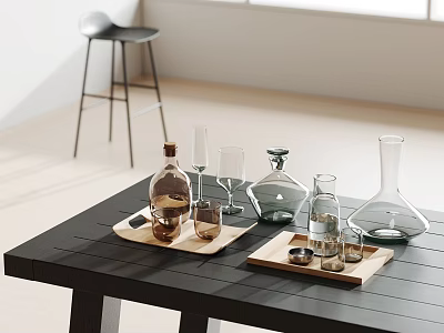 Wine Bottles And Glassware Arranged On Trays Over Modern Dining Table 3d model