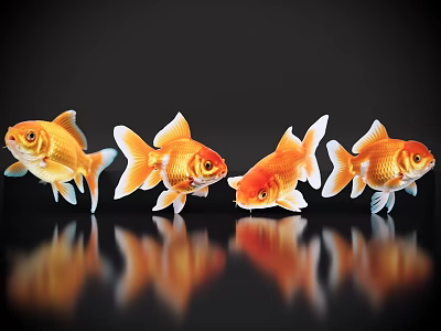Four Orange Goldfish Swimming Gracefully In Black Background With Clear Reflection 3d model