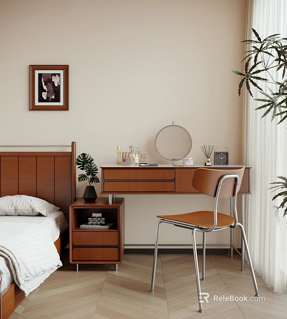 Wooden Dressing Table With Round Mirror And Chair In Cozy Bedroom With Decor Items 3d model 