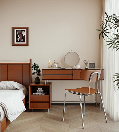 Wooden Dressing Table With Round Mirror And Chair In Cozy Bedroom With Decor Items 3d model