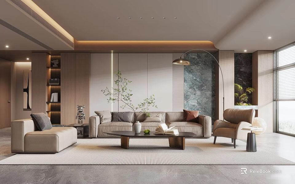 Elegant Modern Living Room Interior Design With Sofa Armchair Coffee Table Floor Lamp And Plants 3d model 
