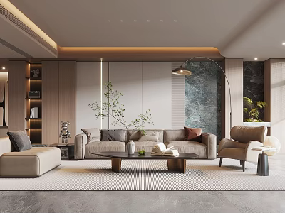 Elegant Modern Living Room Interior Design With Sofa Armchair Coffee Table Floor Lamp And Plants 3d model