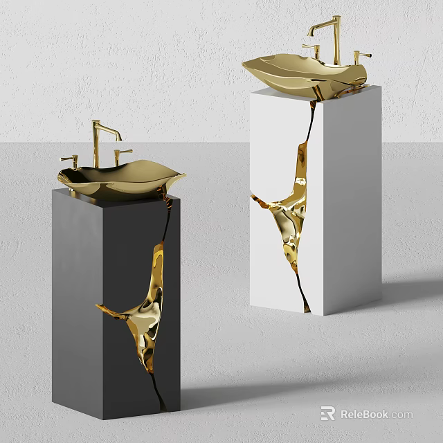 Elegant Modern Golden Washbasin Design With Black And White Pedestal Stands 3d model 