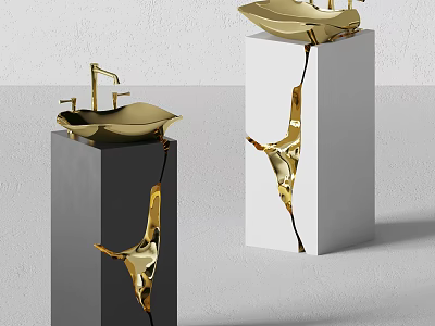 Elegant Modern Golden Washbasin Design With Black And White Pedestal Stands 3d model