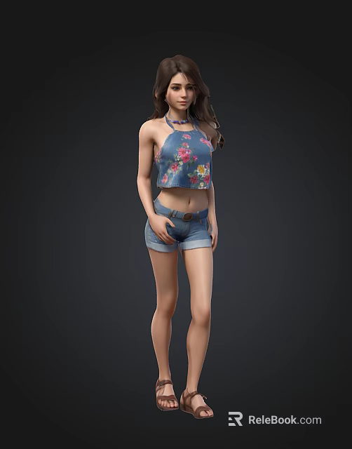 Detailed Female 3D Model With Long Hair Wearing Floral Halter Top And Denim Shorts 3d model 