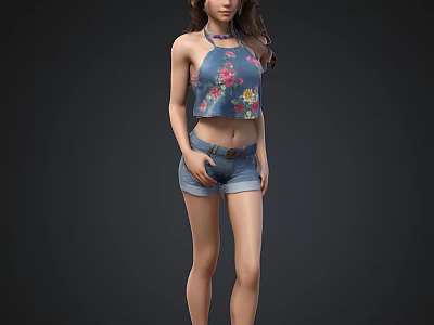 Detailed Female 3D Model With Long Hair Wearing Floral Halter Top And Denim Shorts 3d model