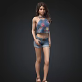 Detailed Female 3D Model With Long Hair Wearing Floral Halter Top And Denim Shorts