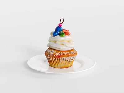 Tasty Cupcake Topped With Whipped Cream And Fresh Berries On White Plate 3d model