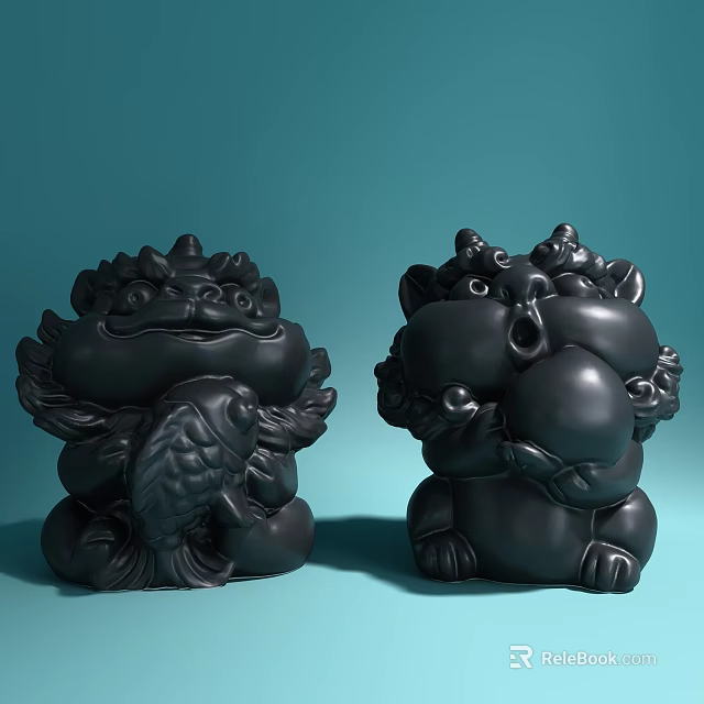 Black Mythical Beast Decorative Ornament Set Featuring Figurines Holding Fish And Fruit For Home Decor 3d model 