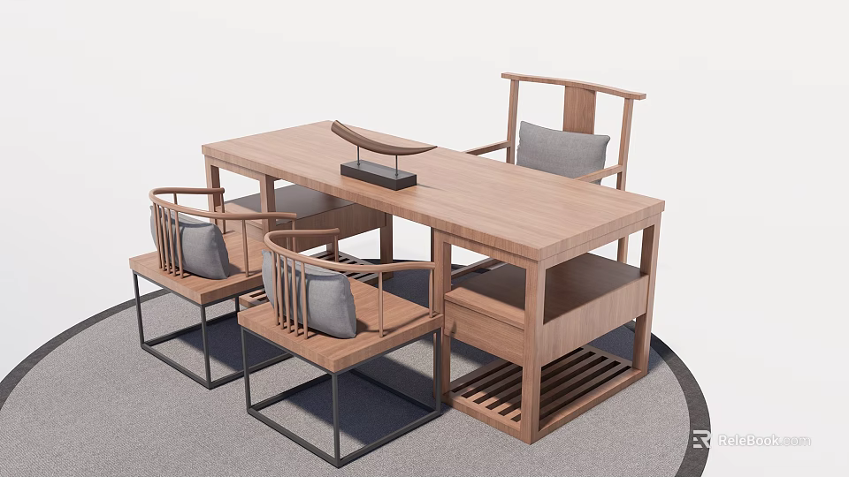Wooden Office Desk With Four Chairs Modern Simple Design Workspace Interior 3d model 