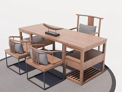 Wooden Office Desk With Four Chairs Modern Simple Design Workspace Interior 3d model