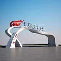 Modern Entrance Gate With Red Flame And Running Figures On Arched Structure 3d model