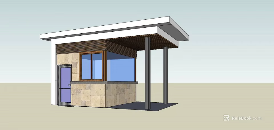 Modern Minimalist Small Building Structure With Stone Wall Purple Door Blue Glass Windows And Columns 3d model 