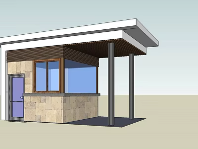 Modern Minimalist Small Building Structure With Stone Wall Purple Door Blue Glass Windows And Columns 3d model
