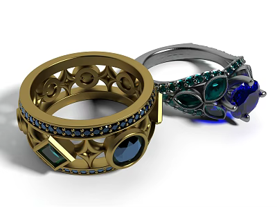 Exquisite Gold and Silver Rings with Blue and Green Gemstones Intricate Design 3d model