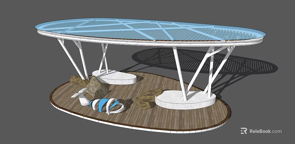 Modern Pergola Design Featuring Blue Canopy White Frames Wooden Deck And Round Seats 3d model