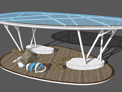 Modern Pergola Design Featuring Blue Canopy White Frames Wooden Deck And Round Seats 3d model