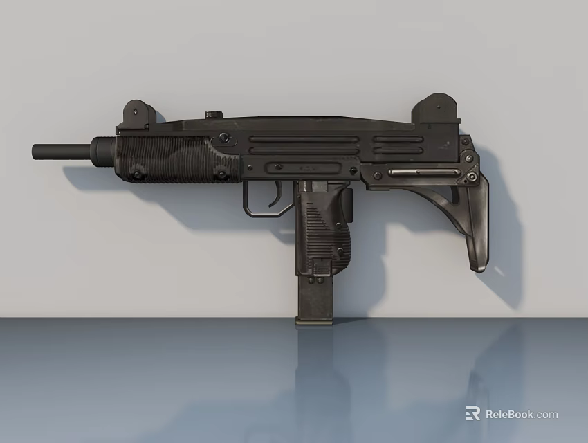 Sleek Black Firearm 3D Model Display with Shadow and Reflection on Gray Background 3d model 