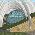 Modern Architectural Structure With White Curved Arches Geodesic Glass Dome Green Roof And Surrounding Trees
