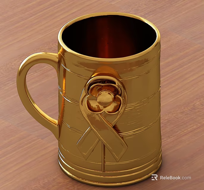 Elegant Golden Metallic Mug With Decorative Ribbon Detail On Wooden Surface 3d model 