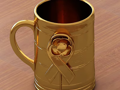 Elegant Golden Metallic Mug With Decorative Ribbon Detail On Wooden Surface 3d model
