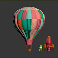 Colorful Patchwork Hot Air Balloon with Small Toy Rockets on Dark Background