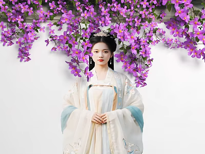 Green Plant Wall with Purple Flowers as Background for Woman in Hanfu 3d model