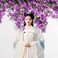 Green Plant Wall with Purple Flowers as Background for Woman in Hanfu