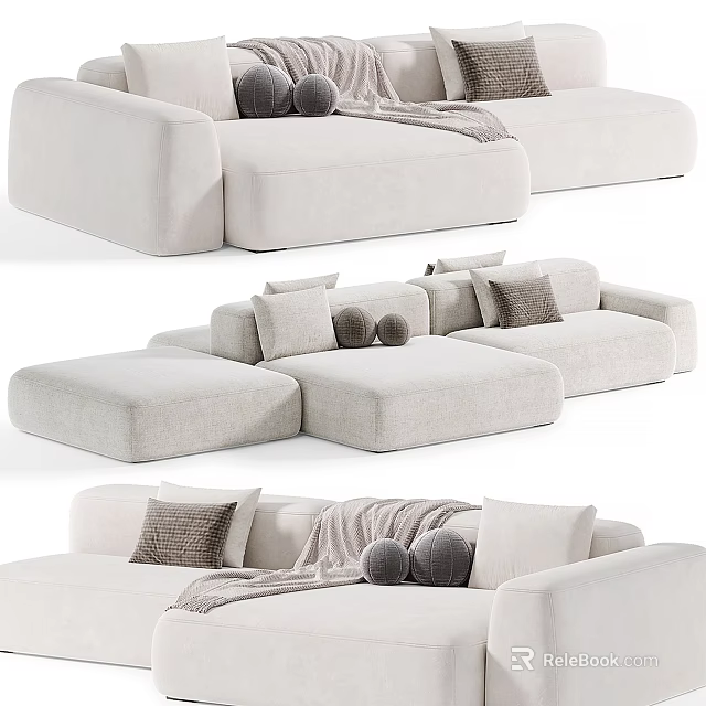 Modern Light Beige Sectional Sofa With Soft Upholstery Decorative Pillows And Throw Blanket 3d model