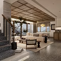 Modern Open Living Dining Room With Wooden Ceiling Floor to Ceiling Windows Sofa Dining Chairs