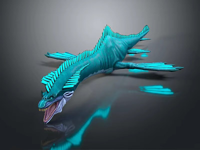 Blue Aquatic 3D Game Movie Character With Sharp Teeth Open Mouth And Fins 3d model