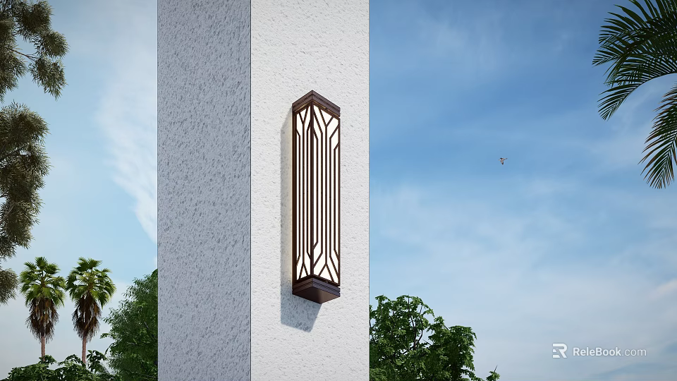 Exterior Vertical Wall Sconce With Black Grille On White Textured Wall And Green Trees 3d model 