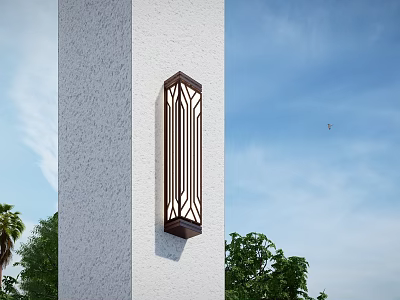 Exterior Vertical Wall Sconce With Black Grille On White Textured Wall And Green Trees 3d model