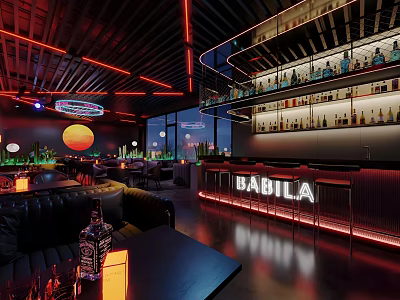 BABILA Bar Interior With Neon Lights Shelves And Leather Sofas Sunset Decor 3d model