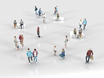 Group of Diverse People Standing Sitting and Interacting in Open White Space 3d model