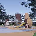 Vibrant Children's Playground With Trees Cartoon Structures Slide Climbing Tunnel And Kids Playing
