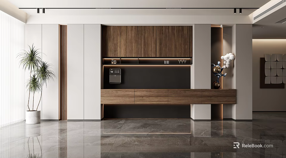 Modern Wooden Wine Cabinet Design With Glass Doors Built-in Lighting And Decorative Plant 3d model 